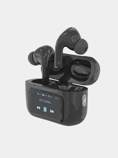 A9 Pro Earbuds With Anc Technology Sleek Matte Black Design Led Indicator Built In Screen And Clear Sound Quality
