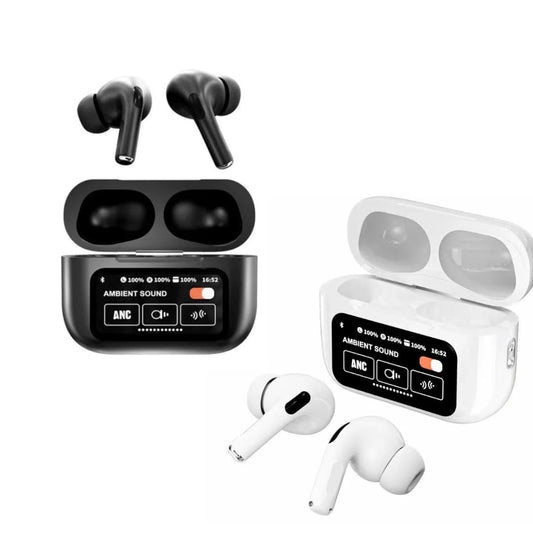 A9 Pro Earbuds With Anc Technology Sleek Matte Black Design Led Indicator Built In Screen And Clear Sound Quality