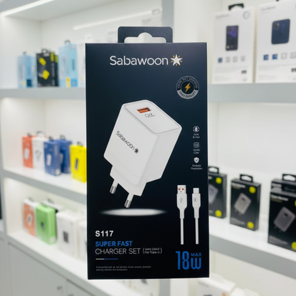 Sabawoon S117 Charger | 18W Fast Charging | 100% Original Quality | Adaptor with Type‑C Cable