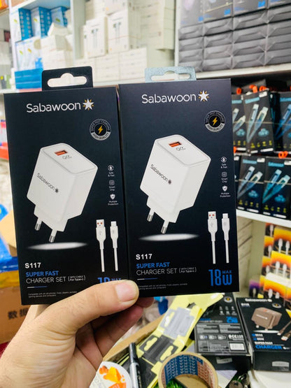 Sabawoon S117 Charger | 18W Fast Charging | 100% Original Quality | Adaptor with Type‑C Cable