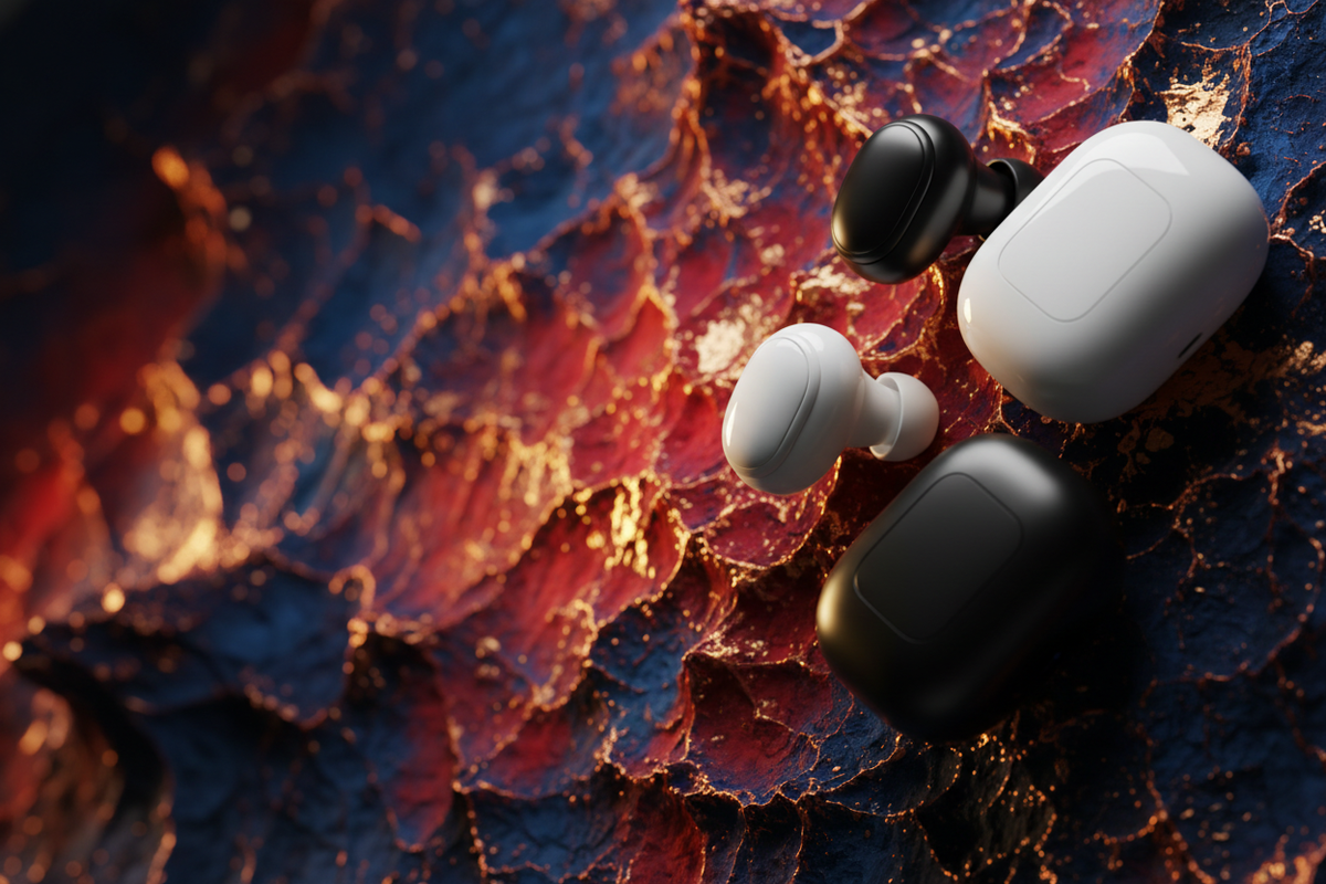 4 earbuds in right side with heavy background